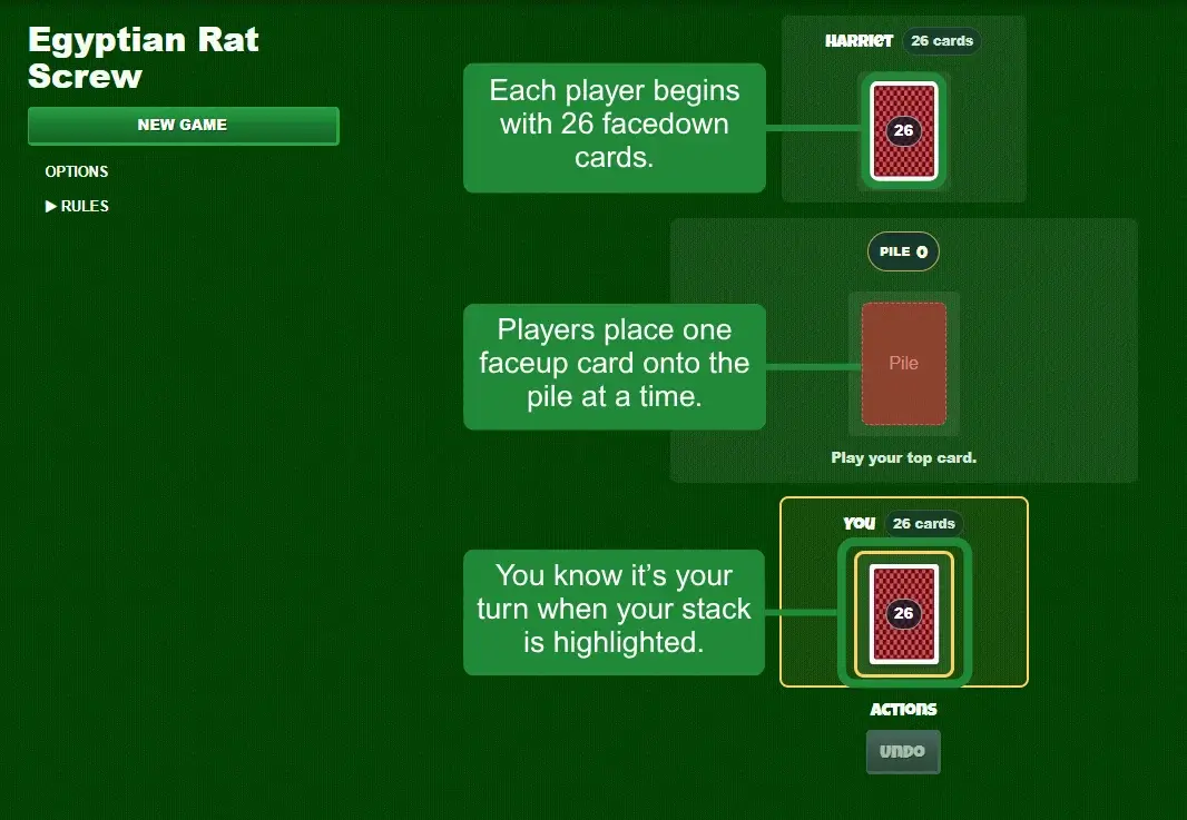 Egyptian Rat Screw card game setup