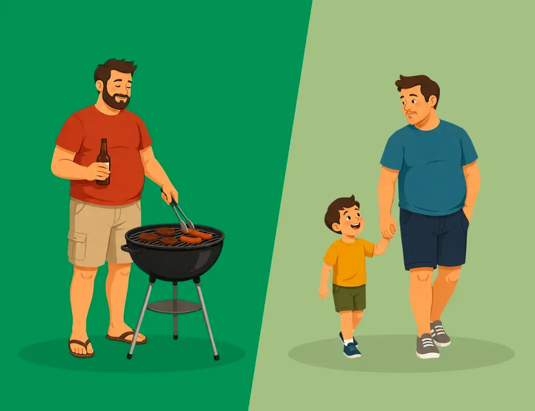 Two illustrations of men with a dad bod