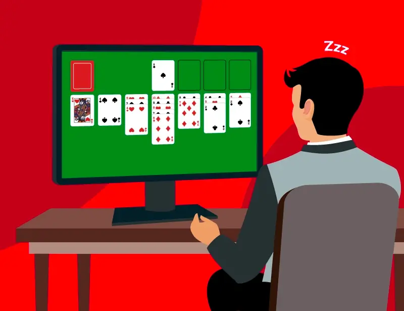 An illustration of a person playing solitaire on a computer