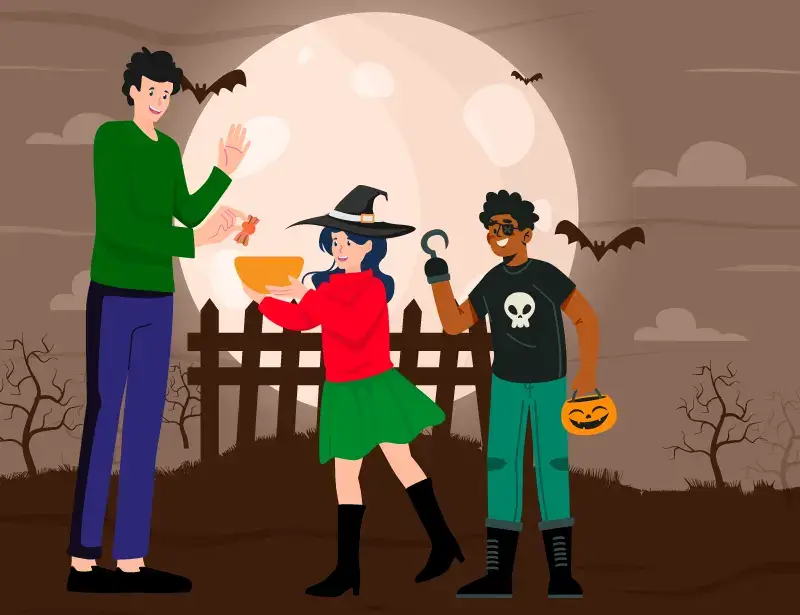 An illustration of children trick-or-treating on Halloween