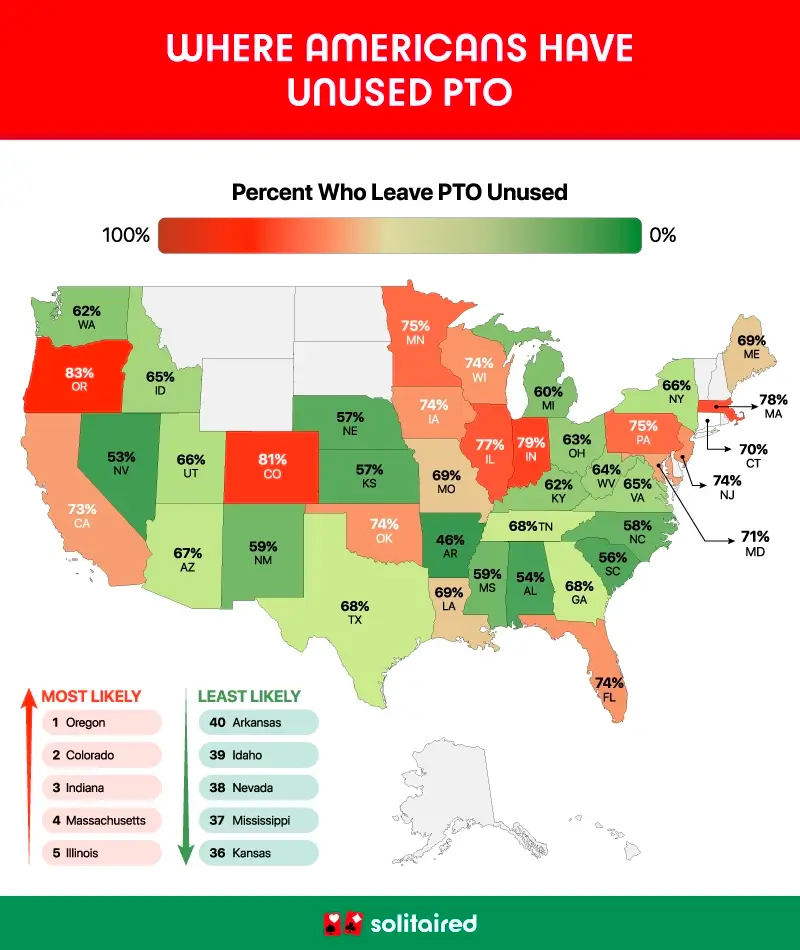 A heatmap of the U.S. showing where Americans are most and least likely to have unused vacation time in 2025