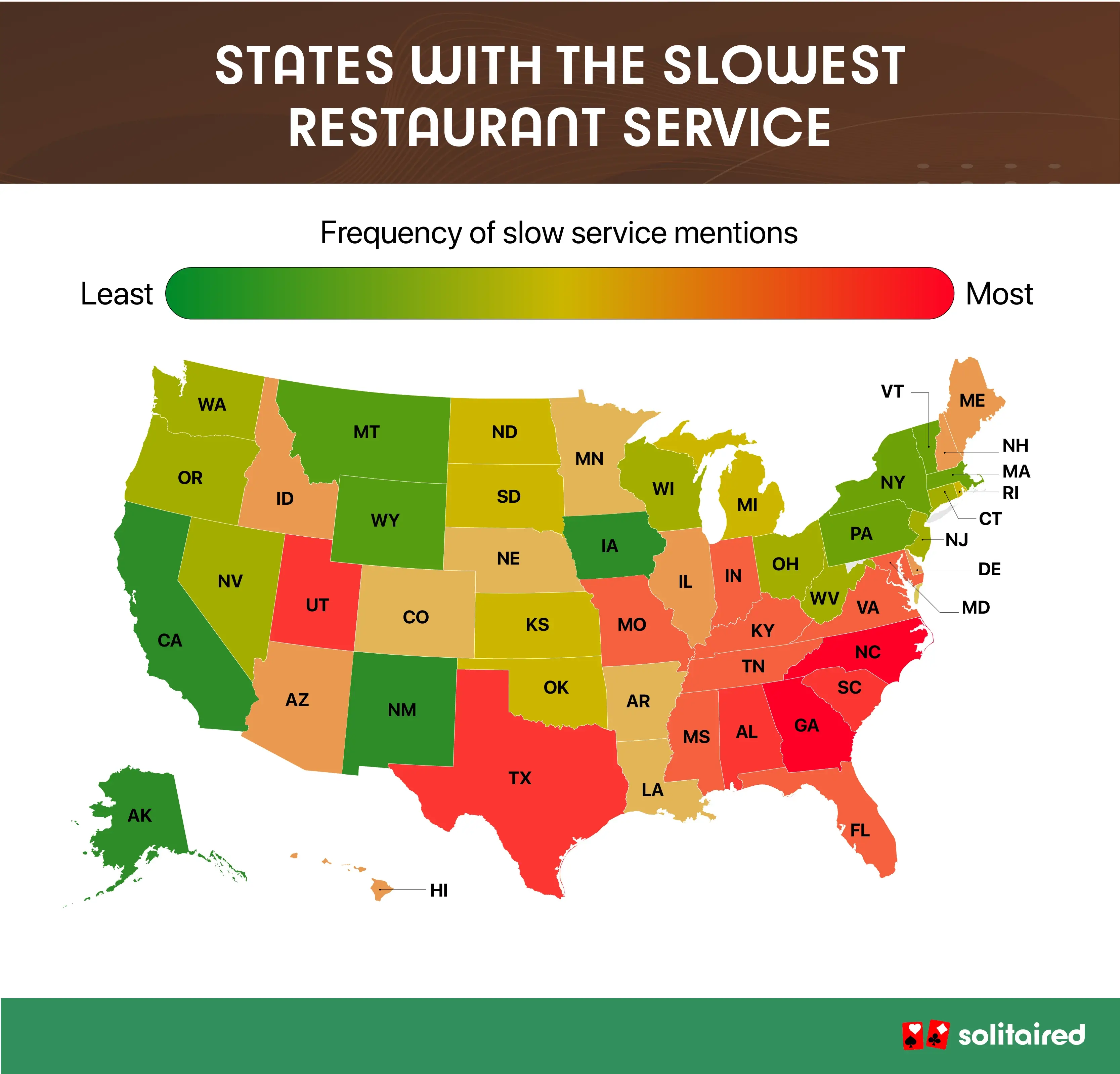 A U.S. map showing the states with the slowest restaurant service