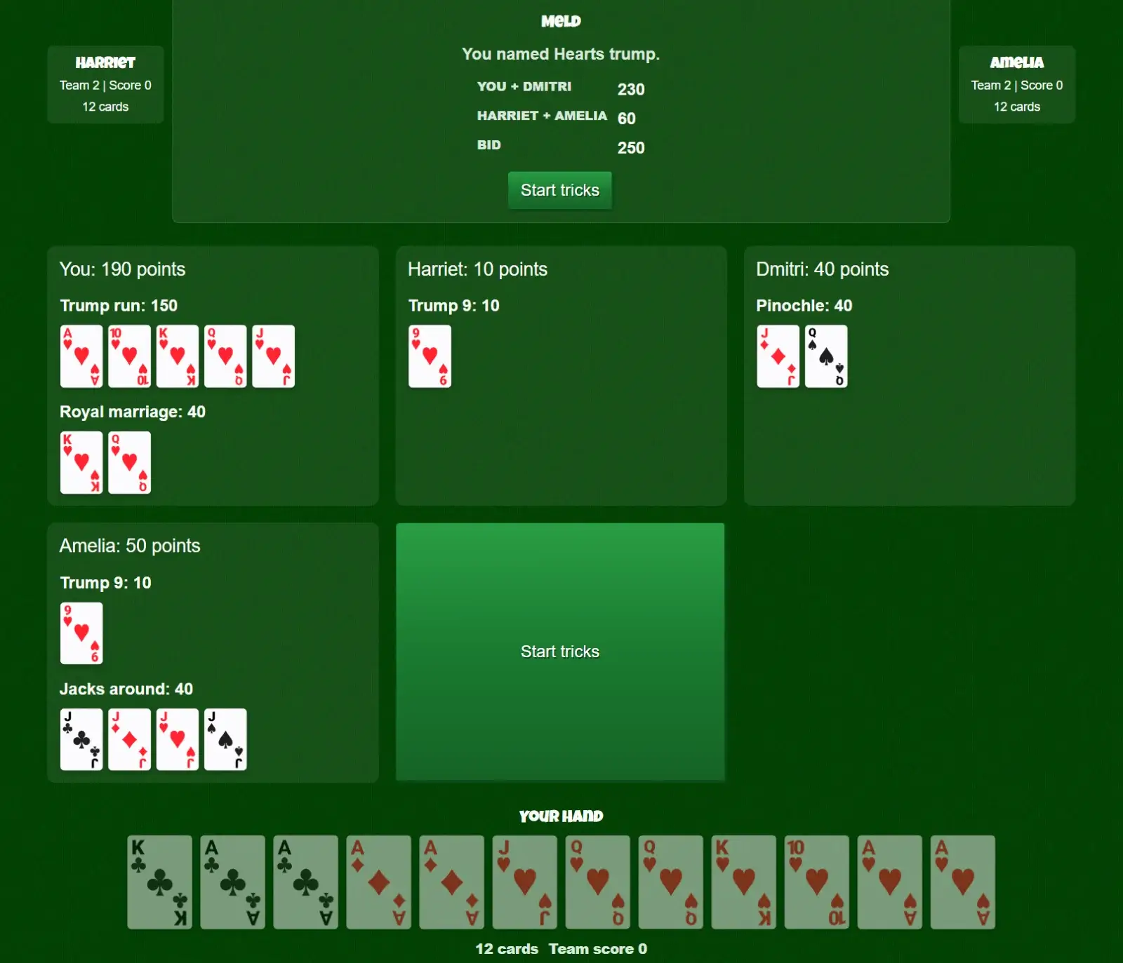 Pinochle meld phase with player scores