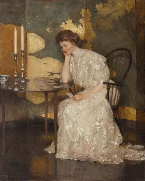 Image of a painting of a girl in the early 20th century playing Solitaire by Frank Weston Benson