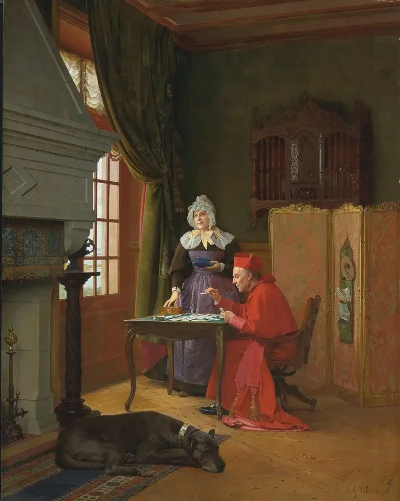Image of a painting of a cardinal playing Solitaire by Jehan-Georges Vibert