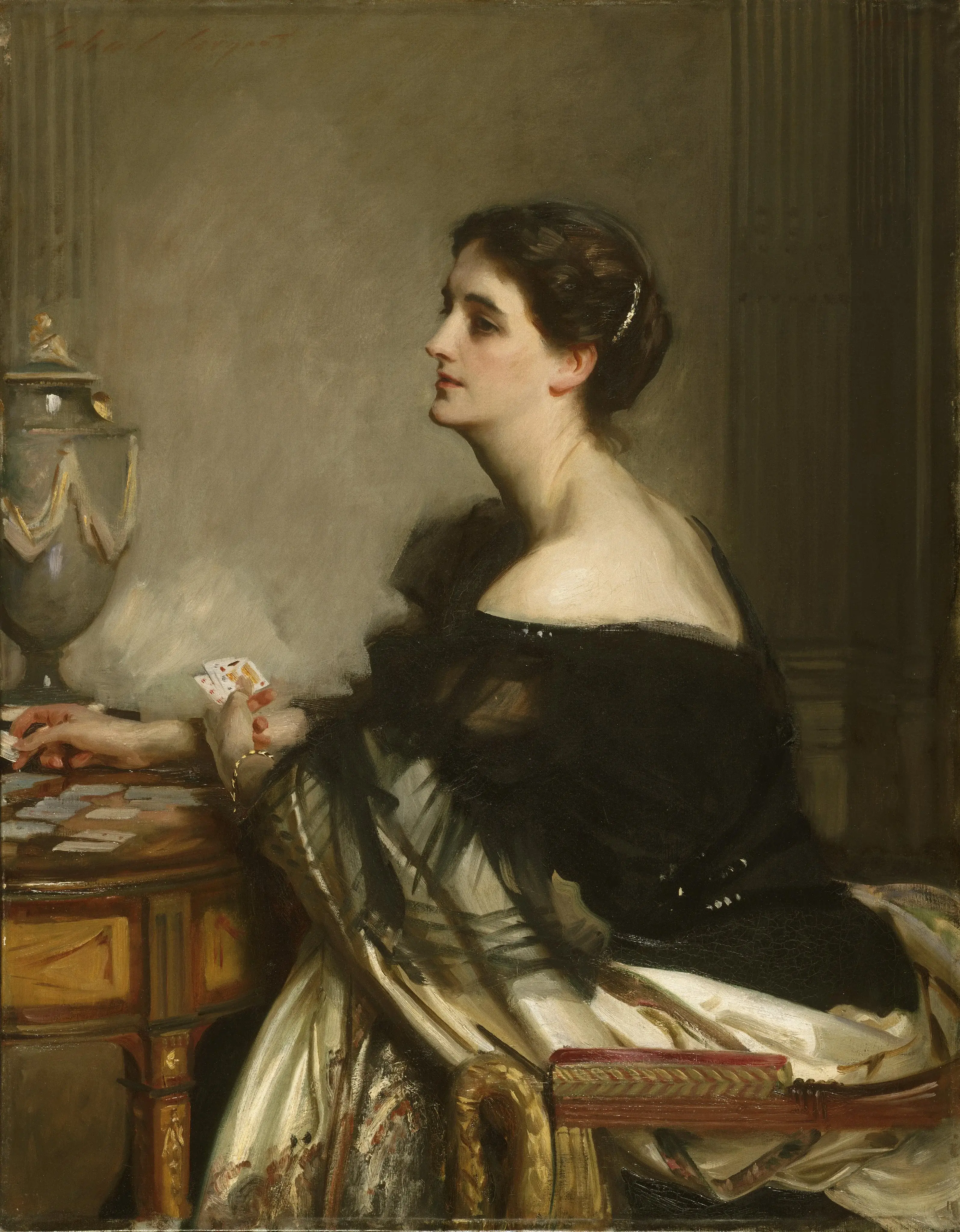Image of a painting of a lady in the early 20th century playing Solitaire by John Singer Sargent