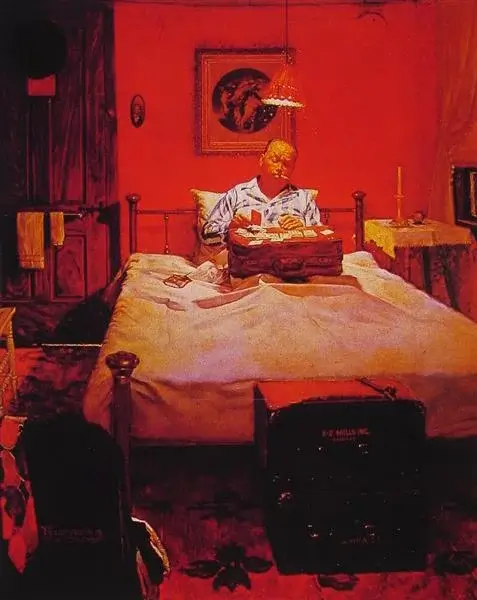 Image of a painting of a man playing Solitaire in bed by Normal Rockwell