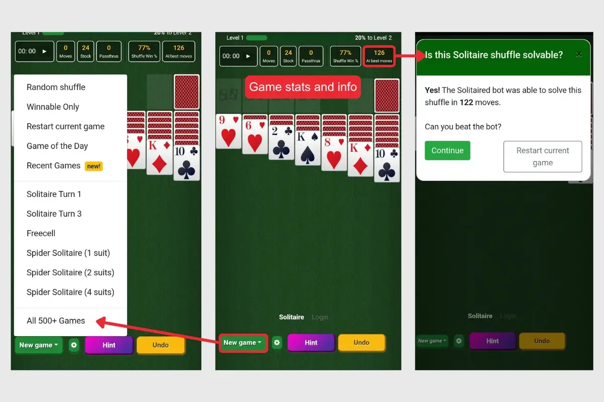 Solitaired app home screen and info bar