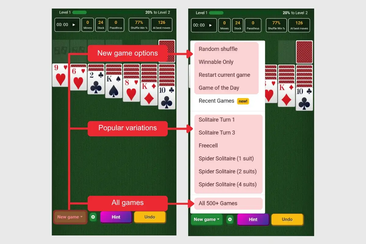 Solitaired app new game menu