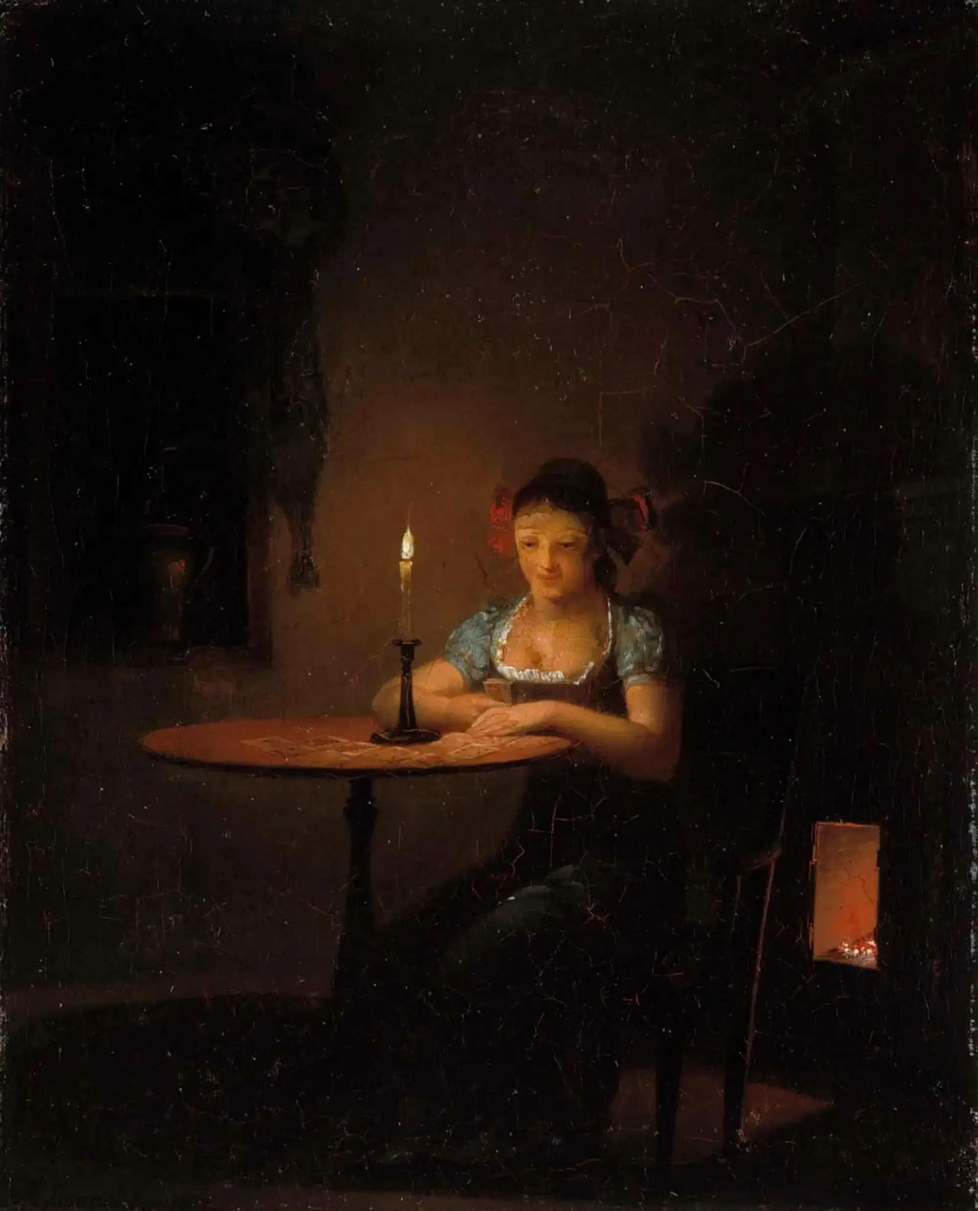 Image of a painting of a woman playing Solitaire by Alexander Lauréus