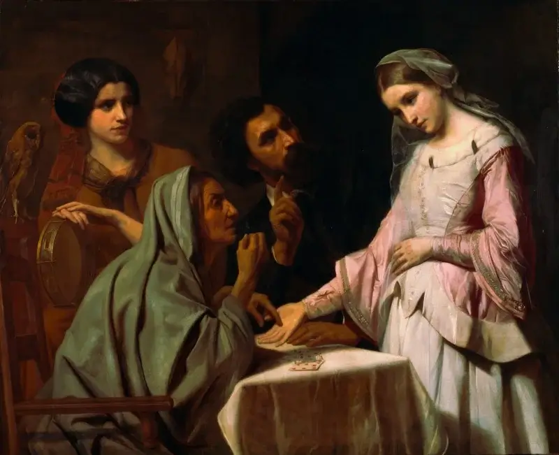 Image of a painting of a woman reading cards in early Solitaire game by Jules Jean-Baptiste Dehaussy