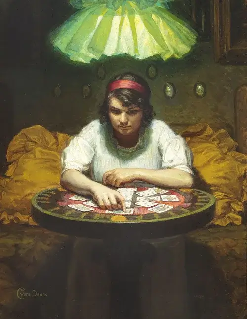 Image of a painting of a woman playing Solitaire Caroline van Deurs
